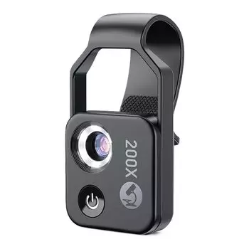 Аксессуар для микроскопа для сотового телефона 200X с линзой CPL, портативный мини цифровой микроскоп со светодиодной подсветкой/универсальным зажимом чёрный