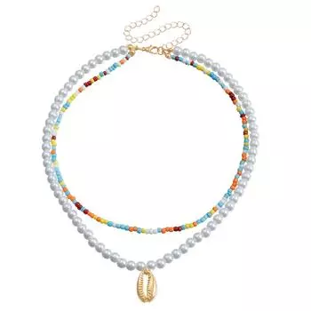 Аксессуары Богемное Цветное Рисовое Зерно Имитация Жемчуга Двойная Подвеска Ракушка Ожерелье Из Бисера Цепочка на Ключицу