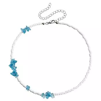 Аксессуары Богемное Ожерелье из Белых Рисовых Бусин и Синего Имитационного Хрусталя, Сплетенное из Бусин, Женское Универсальное Ожерелье