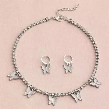 Аксессуары, цепочка-когти с пятью колье-бабочками, комплект серег с колье-бабочкой с бриллиантами Flash серебряный