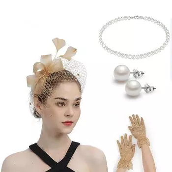 Аксессуары для девочек Шляпы для женщин Шляпа-котелок с бантом для чаепития, коктейля, свадьбы, церкви Кружевные перчатки, серьги, наборы ожерелий One Size