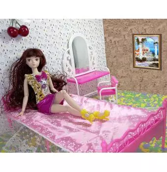 Аксессуары для кукол, игрушки для девочек, большая кровать и комод, туалетный столик со стулом, мебель для кукольного дома для куклы Барби, игрушка в подарок розовый