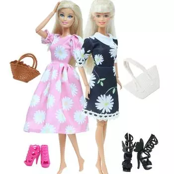 Аксессуары для кукольной одежды 1/6, 2 платья с ромашками + обувь + сумки, женская юбка с цветочным принтом, наряды для кукол Барби, кукла 11,5 дюймов, детская игрушка(НЕТ КУКЛ)