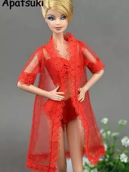 Аксессуары для кукол, сексуальная красная одежда для Барби, пижамы, нижнее белье, кружевное пальто + бюстгальтер + нижнее белье, одежда для куклы Барби, одежда красный