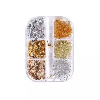 Аксессуары для ногтей, фрагменты золотой и серебряной фольги, проволока из золотой фольги, клей для декорации лака с эффектом хайлайтера, наклейки-блестки в 6 ячейках