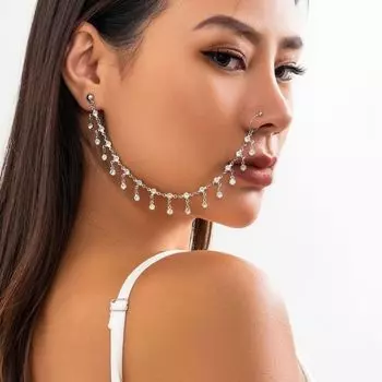 Аксессуары для танца живота Серьга с кольцом для носа Поддельный зажим для пирсинга ноздри Длинная цепочка Серьга для мужчин серебряный