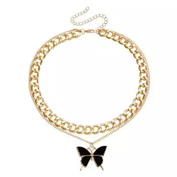 Аксессуары, Двойное черное ожерелье-бабочка, имитация перламутра, Темпераментное металлическое ожерелье из грубой алюминиевой цепи