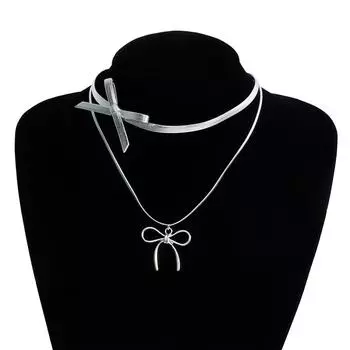 Аксессуары Двойной кожаный бант кулон ожерелье женский сладкий прохладный специи премиум ключичная цепочка