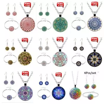 Аксессуары, комплект круглых украшений с геометрическим рисунком из трех предметов, колье Mandala Time Gem Gem, браслет с серьгами-гвоздиками зелёный