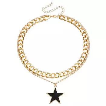 Аксессуары, Модное двухслойное черное ожерелье с пентаграммой и имитацией перламутра, Темпераментная металлическая цепочка для свитера