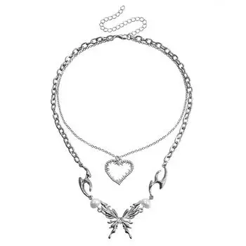 Аксессуары, Ожерелье-чокер с бриллиантами в виде бабочки и жемчуга, креативное, комбинированное, в стиле spice girl, цепочка на ключицу, двойное ожерелье с любовью, женское