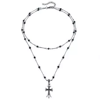 Аксессуары Ожерелье с крестом из темных страз, женское летнее длинное двухслойное многослойное ожерелье, универсальное ожерелье, аксессуары