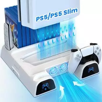 Аксессуары P-5 Многофункциональная охлаждающая подставка с двумя контроллерами, зарядкой, 11 слотами для игр для Playstation 5, дисковая/цифровая версия белый