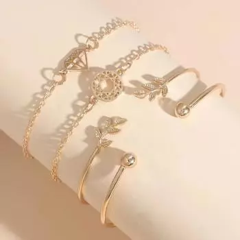 Аксессуары, Простой браслет-ловец снов с бриллиантами в виде листа, Аксессуары для женщин, Атмосферный летний универсальный комплект из 4 браслетов золотой