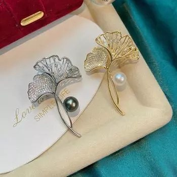 [Аксессуары своими руками] Медная позолоченная микро-инкрустированная брошь из гинкго билоба с цирконием, женская булавка 9-10 мм, жемчужный корсаж, пустой держатель