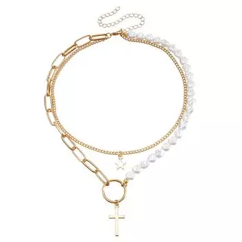 Аксессуары, винтажное ожерелье из искусственного жемчуга с подвесками в виде звезды для женщин, креативное двухслойное ожерелье в виде креста золотой
