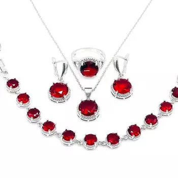 Аксессуары Женские универсальные круглые аксессуары Кольцо Браслет Циркон Ожерелье Серьги Набор, многоцветный по желанию Size 6 ring four-piece set красный