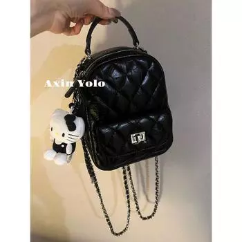 Axin YOLO [Send Pendant] Classic Style Diamond Plaid Chain Backpack Bags Female New Arrival Small Backpack Travel [Send map pendant] Black 21*8*17cm