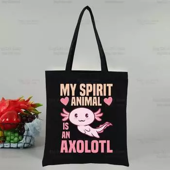 Аксолотль милый мультфильм Harajuku холст женские Ulzzang черные большие вместительные повседневные модные сумки на плечо с животными в стиле каваи 24*26cm