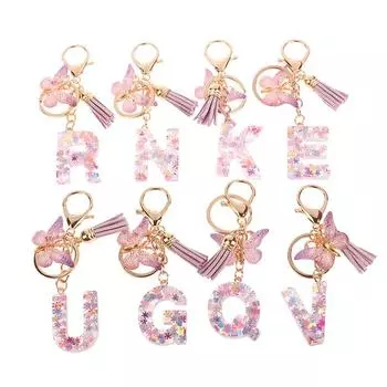 AZ Dreamy Sequin Letters Брелок для женщин Подвеска-бабочка с кисточками Инициал Брелок для кошелька Подвеска для сумок Амулеты Автомобильный брелок C