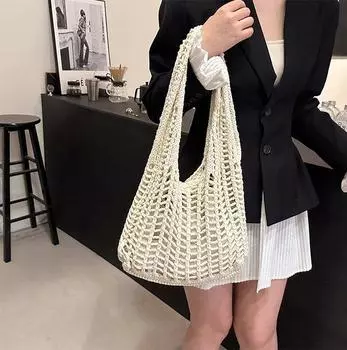 Ажурная тканая сумка, модная, большая вместимость, женская сумка через плечо, летние пляжные органайзеры, сумки-тоут 39x35cm бежевый