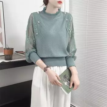 Ажурная трикотажная женская рубашка с тонким низом, топ-фонарик с длинными рукавами и кружевом в стиле пэчворк S