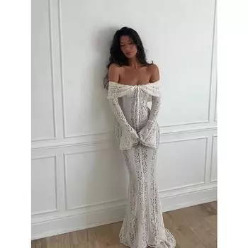 Ажурное кружевное платье с открытой спиной, тонкое длинное женское платье без бретелек со шнуровкой и открытыми плечами, шикарные платья 2025 года, новые сексуальные женские вечерние клубные халаты S белый