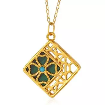 Ажурное квадратное ожерелье из желтого золота 18 карат с подвеской в стиле винтаж из малахита для женщин