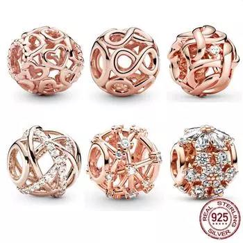 Ажурный круглый шарм с покрытием из розового золота, бусина из стерлингового серебра 925 пробы, подходит для милого модного браслета, ожерелье, ювелирные изделия для женщин