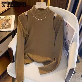 Ажурный свитер с цепочкой, женский однотонный свитер с открытыми плечами на осень и зиму, нежный сексуальный свитер в стиле ретро, пуловер, свитер S чёрный