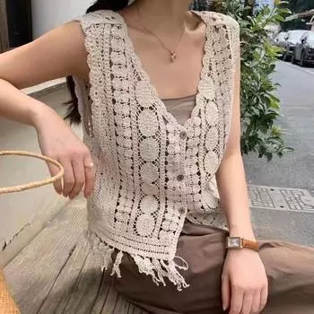 Ажурный топ с кисточками, в сочетании с жилетом и безрукавкой для летних шорт, простые и широкие бретели, можно носить как верхнюю одежду, кардиган. one size белый