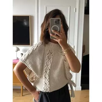 Ажурный трикотажный пуловер женский свободный свитер с круглым вырезом на шнуровке с бантом и коротким рукавом повседневная универсальная верхняя одежда осень L белый