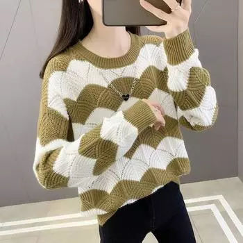 Ажурный весенний вязаный свитер с круглым вырезом, свободный контрастный полосатый свитер, женский, с длинными рукавами, свободный, универсальный, темпераментный топ S чёрный