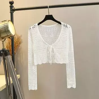 Ажурный вязаный кардиган для защиты от солнца Женский летний из ледяного шелка Вязаный Блузка для кондиционирования воздуха Тонкий сарафан на бретелях Верхняя одежда Шаль Короткий White L