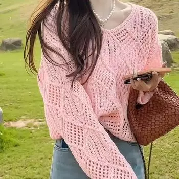 Ажурный вязаный свитер для женщин, корейский однотонный ромбовидный сетчатый свитер в ленивом стиле, солнцезащитный капюшон с капюшоном S чёрный