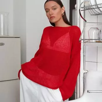 Ажурный вязаный свитер весна-лето женская перспектива тонкий срез большой круглый вырез расклешенные рукава трикотажная футболка L белый