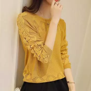 Ажурный женский свитер, универсальный кружевной топ для верхней одежды, круглый вырез, тонкий трикотажный свитер M бежевый
