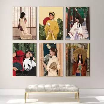 Азиатская женщина, иллюстрация, культура, праздник, художественный принт, традиционная китайская женщина, холст, живопись, винтажный плакат для девочек, Настенный декор 21x30cm No Framed