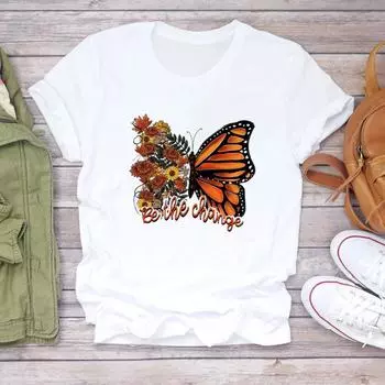 (Азиатский размер) Футболка с надписью «Butterfly Letter Trend» в стиле 90-х, женская одежда с принтом, повседневная модная футболка с коротким рукавом, женская графическая футболка S