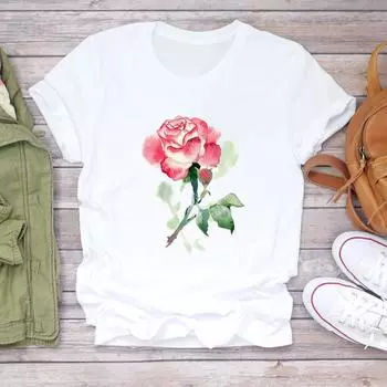 (Азиатские размер) Футболка Топ Акварельный стиль Тренд 90-х Женский принт Женская одежда Повседневная модная футболка с коротким рукавом Женская графическая футболка S