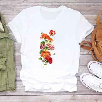 (Азиатский размер) Футболка с акварельным стилем, цветочным принтом, симпатичная женская одежда с принтом, повседневная модная футболка с коротким рукавом, женская графическая футболка S