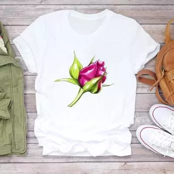 (Азиатские размер) Футболка Топ Цветок Прекрасный Тренд Симпатичный Женский Принт 90-х Женская одежда Повседневная Модная футболка с коротким рукавом Женская графическая футболка S