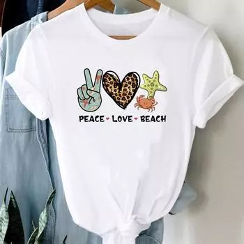 (Азиатский размер) Футболка женская с принтом, женская пляжная тенденция отдыха, милая одежда 90-х годов, повседневная модная футболка с короткими рукавами, женская футболка с графическим рисунком S