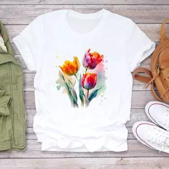 (Азиатский размер) Футболка Верхняя одежда Повседневная с коротким рукавом Модная акварельная Милая стильная футболка 90-х с милым цветком Женская принт Женская графическая футболка S