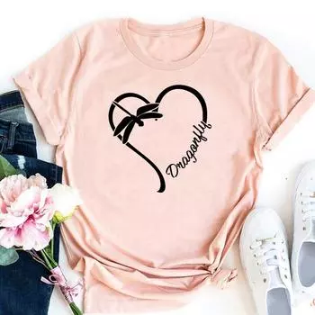 (Азиатский размер)Одежда, милая повседневная футболка с коротким рукавом и сердечком, стрекозой, модная женская футболка с принтом, женская футболка с графическим рисунком S