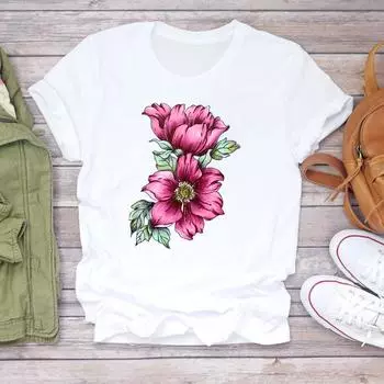 (Азиатские размер) Женская акварельный цветок 90-х годов стиль принт футболка верхняя одежда модная футболка повседневная с коротким рукавом леди женская графическая футболка S