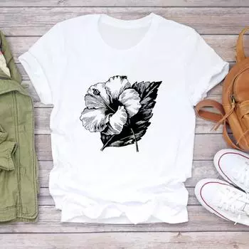 (Азиатский размер) Женская футболка с принтом, верхняя одежда в цветочном стиле, милая, модная, повседневная, с коротким рукавом, женская футболка с рисунком S