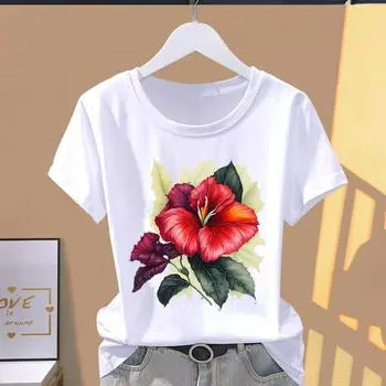 (Азиатский размер) 90-е годы цветок милый цветочный модный принт короткий рукав футболки одежда T женская повседневная женская футболка с графическим принтом S