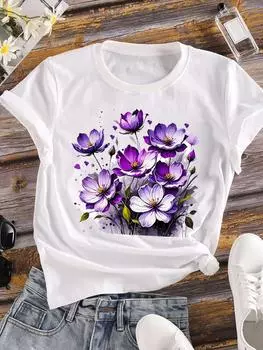 (Азиатский размер) 90-е годы тренд завод милый одежда повседневный цветок мода короткий рукав футболка женская футболка топ принт женская графическая футболка S