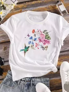 (Азиатский размер) Акварель 90-х годов сладкая женская футболка верхняя одежда повседневная цветочная мода короткий рукав футболка женская принт леди графические футболки S